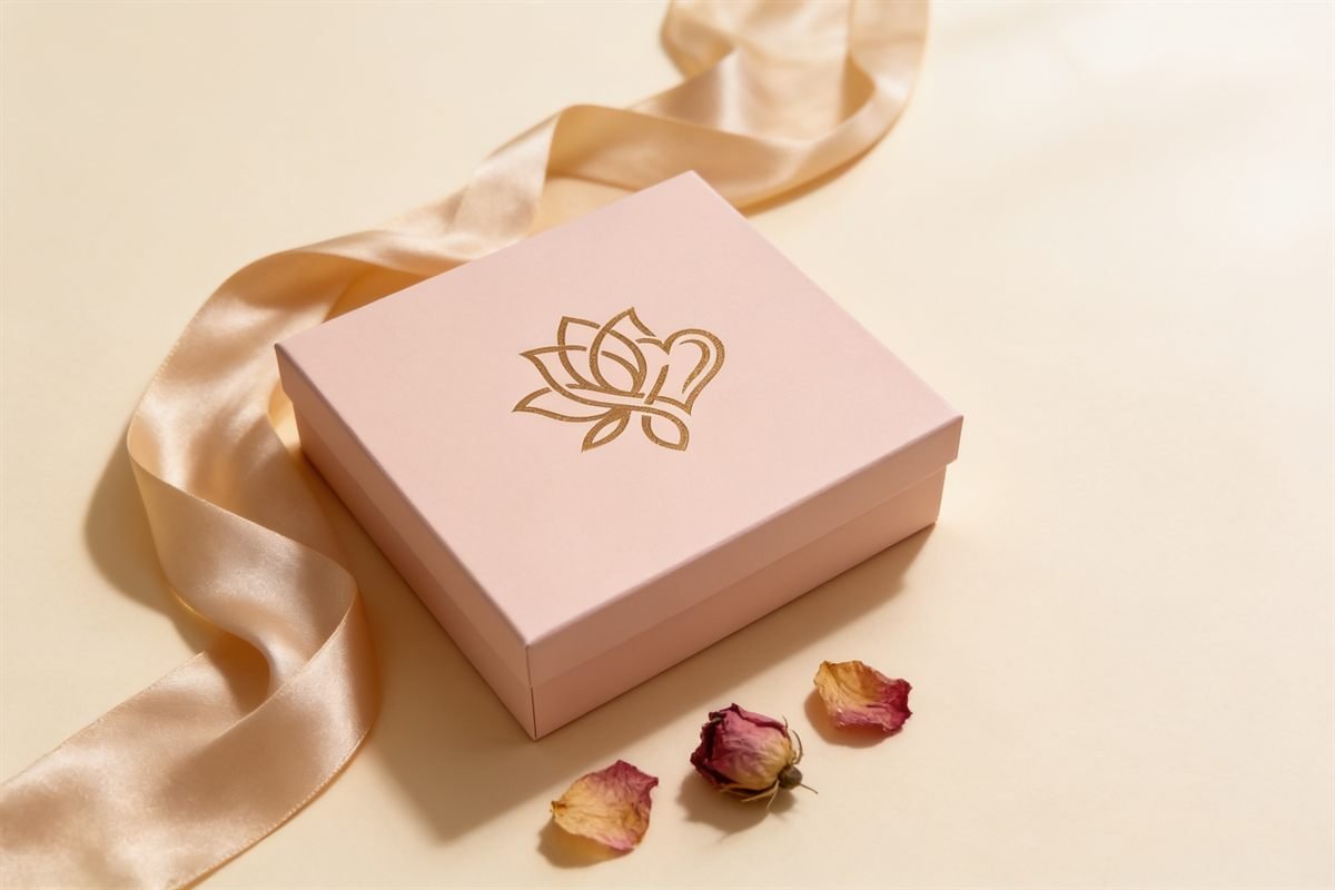 Altın lotus amblemli pudra pembe Diamels hediye kutusu, saten kurdele ile